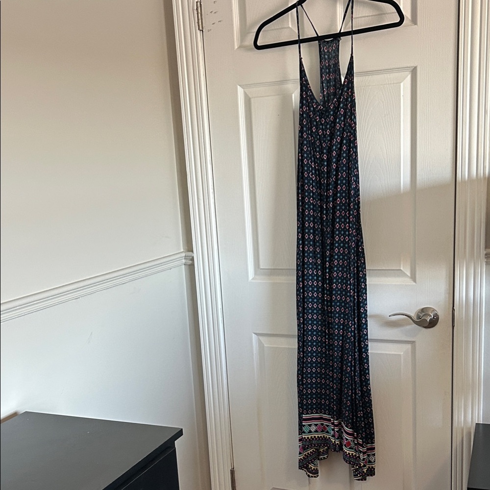 Boho Printed Racerback Maxi Dress in Navy with Pink Accents